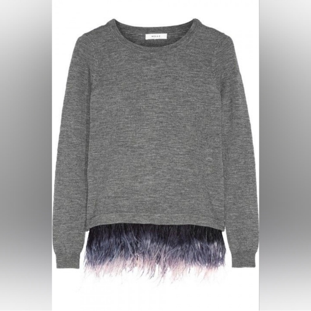 Milly Ostrich Plume Gray Scoop Neck Sweater - Picture 2 of 9